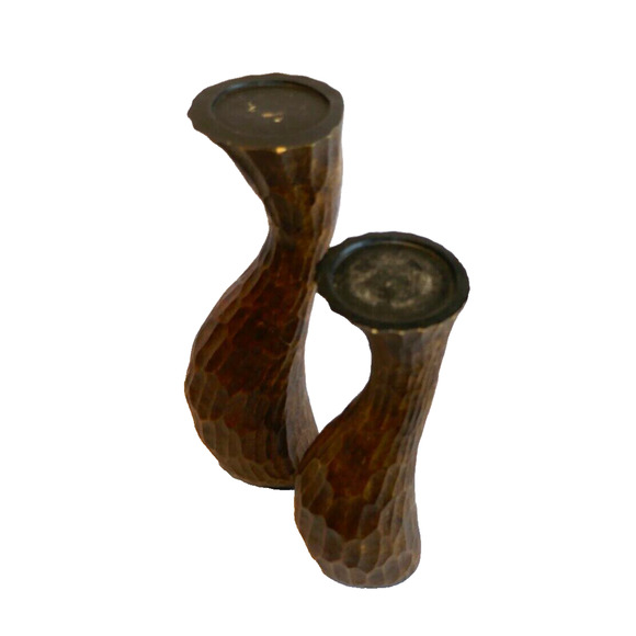 Pair Faux Wood Rustic Resin Curvy Textured Pillar Candle Holders - Picture 3 of 16